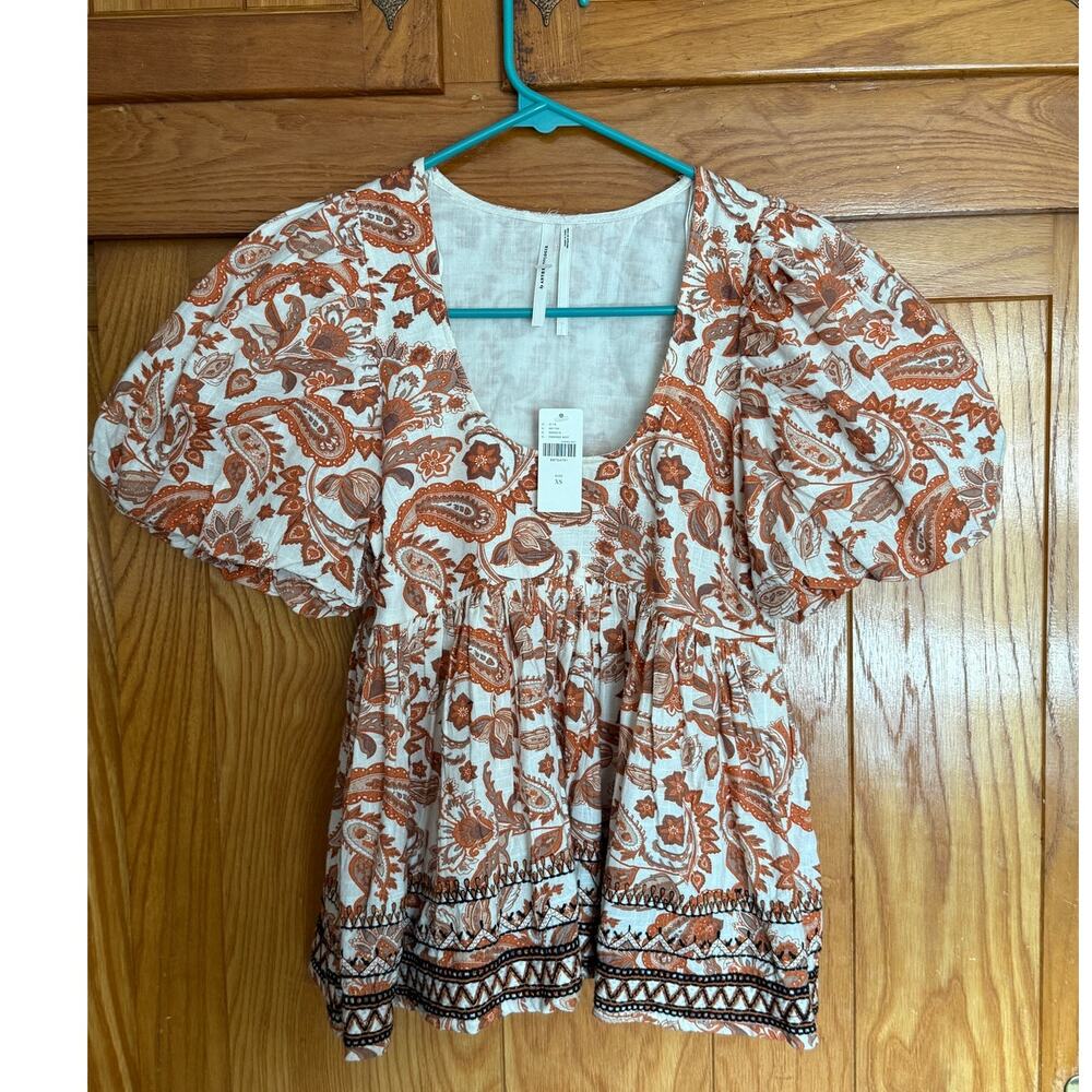 NWT Anthropologie Orange Paisley Puff Sleeve Blouse - XS